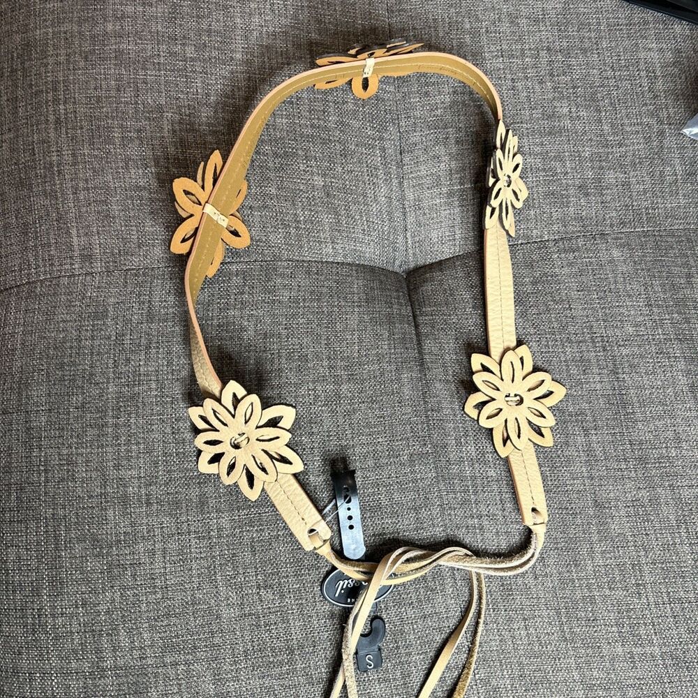 Fossil Leather Belt Floral Boho Hippie Size S Beige Front Tie NEW
